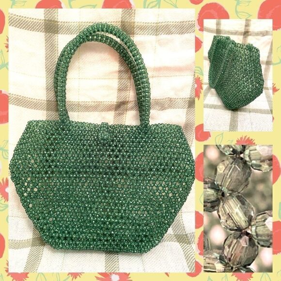 Vintage 80’s 100% forest green faceted  beaded purse structural jewel tone - Picture 2 of 6